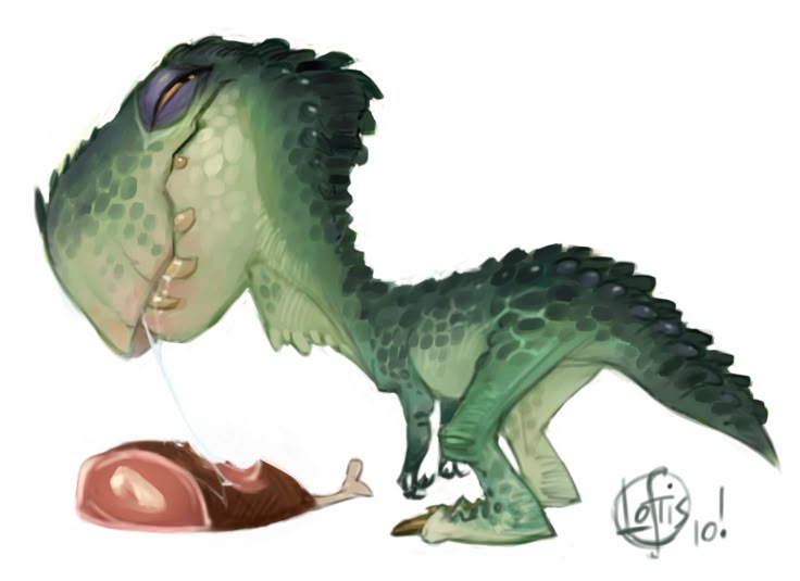 a cartoonish, green dinosaur with purple eyes drools over a large ham. the dinosaur has a scaly body and its head is large in proportion to its body. there is a signature on the bottom right, likely the artist's. the dinosaur is positioned near the ham as if it is about to eat it.