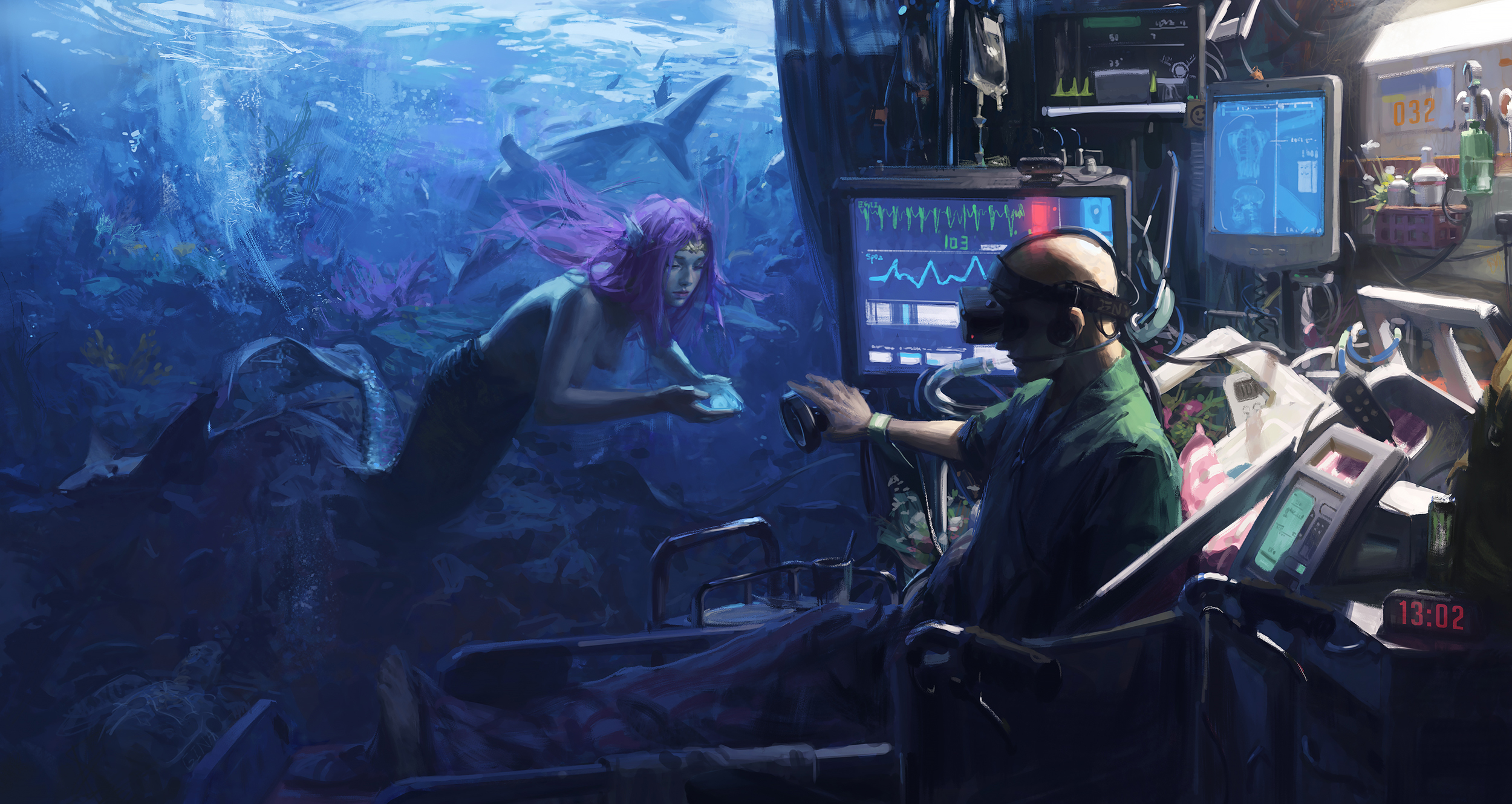 a patient in a hospital bed wearing a vr headset appears to be experiencing an underwater scene. the scene includes a mermaid with purple hair holding a glowing object, along with sharks and other sea life. the hospital room is filled with medical equipment and monitors. the scene suggests a fusion of reality and virtual fantasy, blurring the lines between the hospital environment and the underwater world.