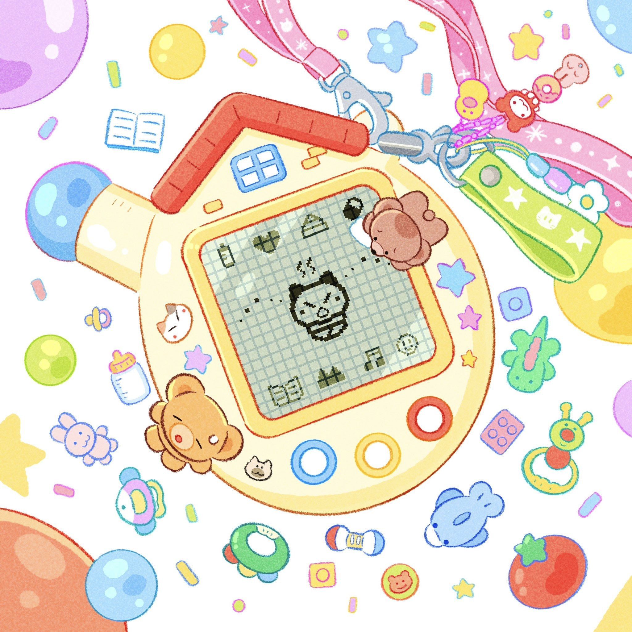 the image is a colorful and playful illustration of a tamagotchi, a popular handheld digital pet from the 1990s. the tamagotchi is depicted in a cute, kawaii style, with pastel colors and rounded shapes. it's houseshaped and features a pixel art screen showing a small, angry animal character.  the tamagotchi is surrounded by various baby toys, accessories, and charms, including pacifiers, rattles, and small plush animals, all in a similar pastel aesthetic. the tamagotchi is attached to a lanyard with starshaped charms.  the overall style is reminiscent of childhood and evokes a sense of nostalgia. the background is white with scattered colorful shapes and confettilike elements.