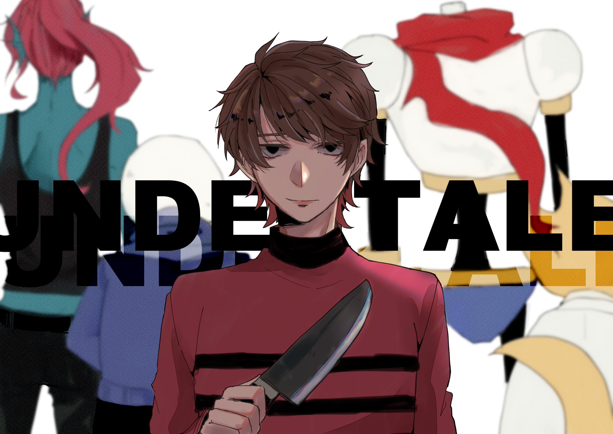 this image depicts a digital illustration of several characters from the video game "undertale." the main focus is a human character wielding a large knife and wearing a red and black striped sweater, with a determined expression on their face.  the other characters, including the skeletal sans, the humanoid papyrus, the robotic mettaton, and the human frisk are blurred in the background. this image strongly suggests a battle or fight taking place, with the human character in a position of attacking. the overall style is reminiscent of anime or manga.