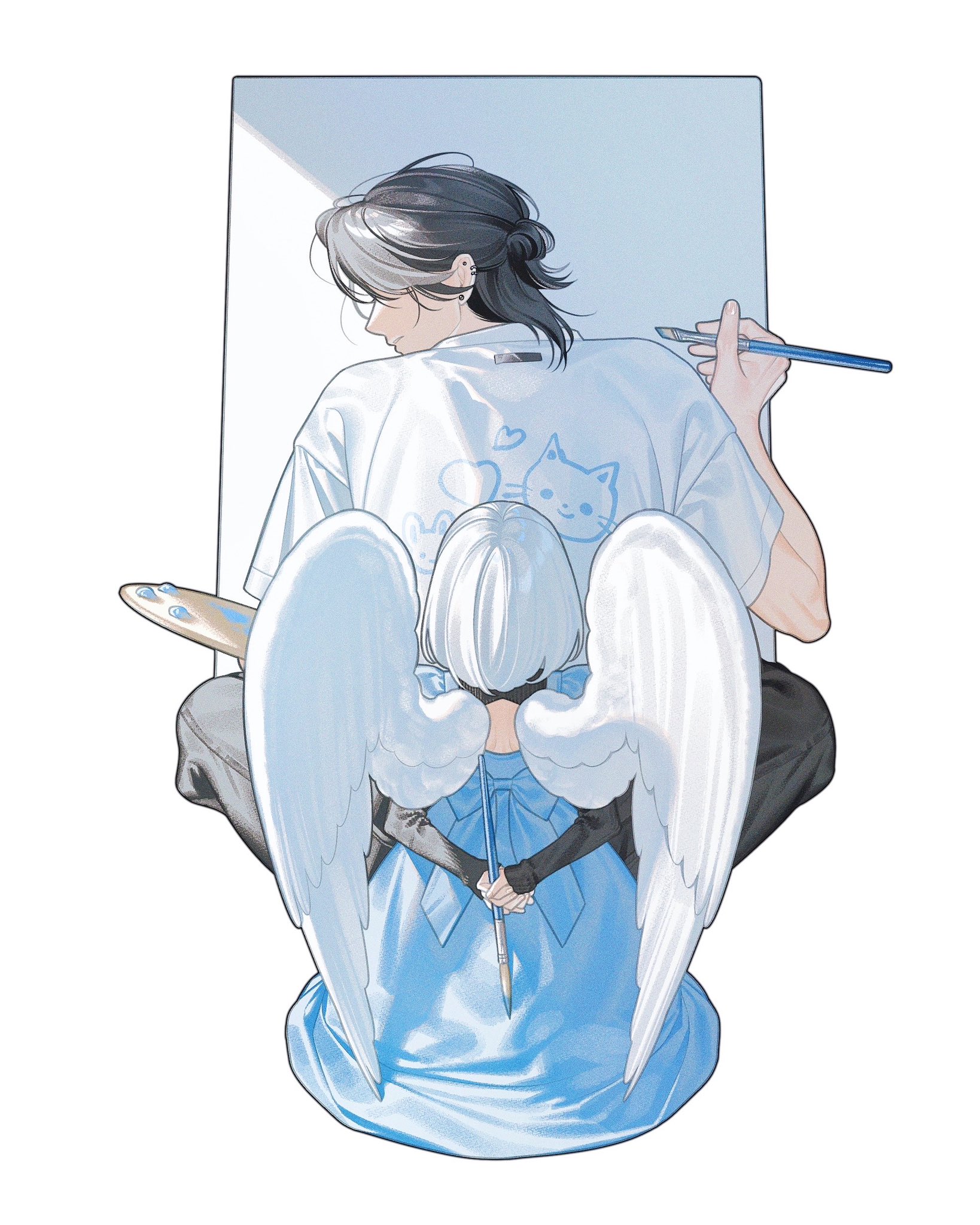 the image depicts an animestyle illustration of a young man with long, dark hair sitting in front of a canvas, painting. behind him, partially obscured, is a figure with large white angel wings wearing a flowing light blue dress, holding a paintbrush behind their back. the overall style is soft and ethereal, with light pastel colors and a dreamlike quality. the scene suggests a quiet, intimate moment between the two figures.