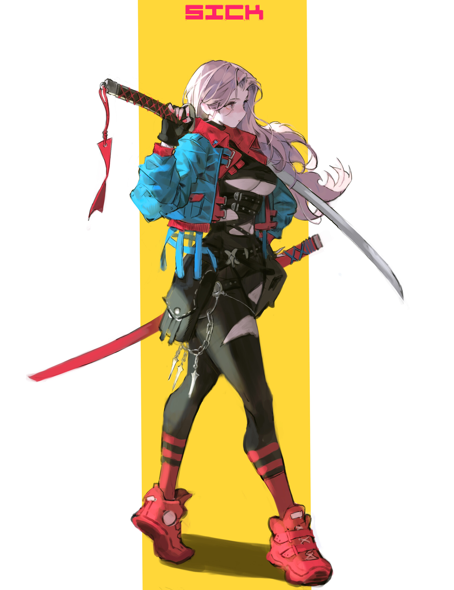 an animestyle illustration of a female character holding two swords. she is wearing a blue jacket, black leggings, a black harness, and red shoes. the background is yellow, and the word "sick" is written in pixelated text at the top.