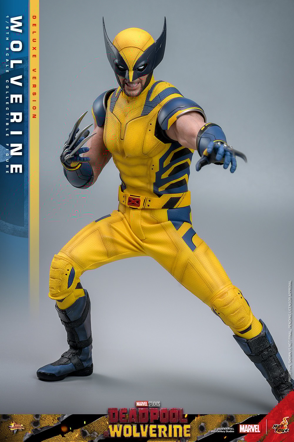 the image showcases a highlydetailed, collectible action figure of wolverine, the iconic marvel superhero, in his classic yellow and blue costume. the figure is posed against a neutral gray studio backdrop, highlighting its craftsmanship and intricate details. the lighting is bright and artificial, typical of product photography, emphasizing the figure's muscular physique and the texture of his costume. the perspective is at eye level, allowing for a direct and engaging view of the collectible.