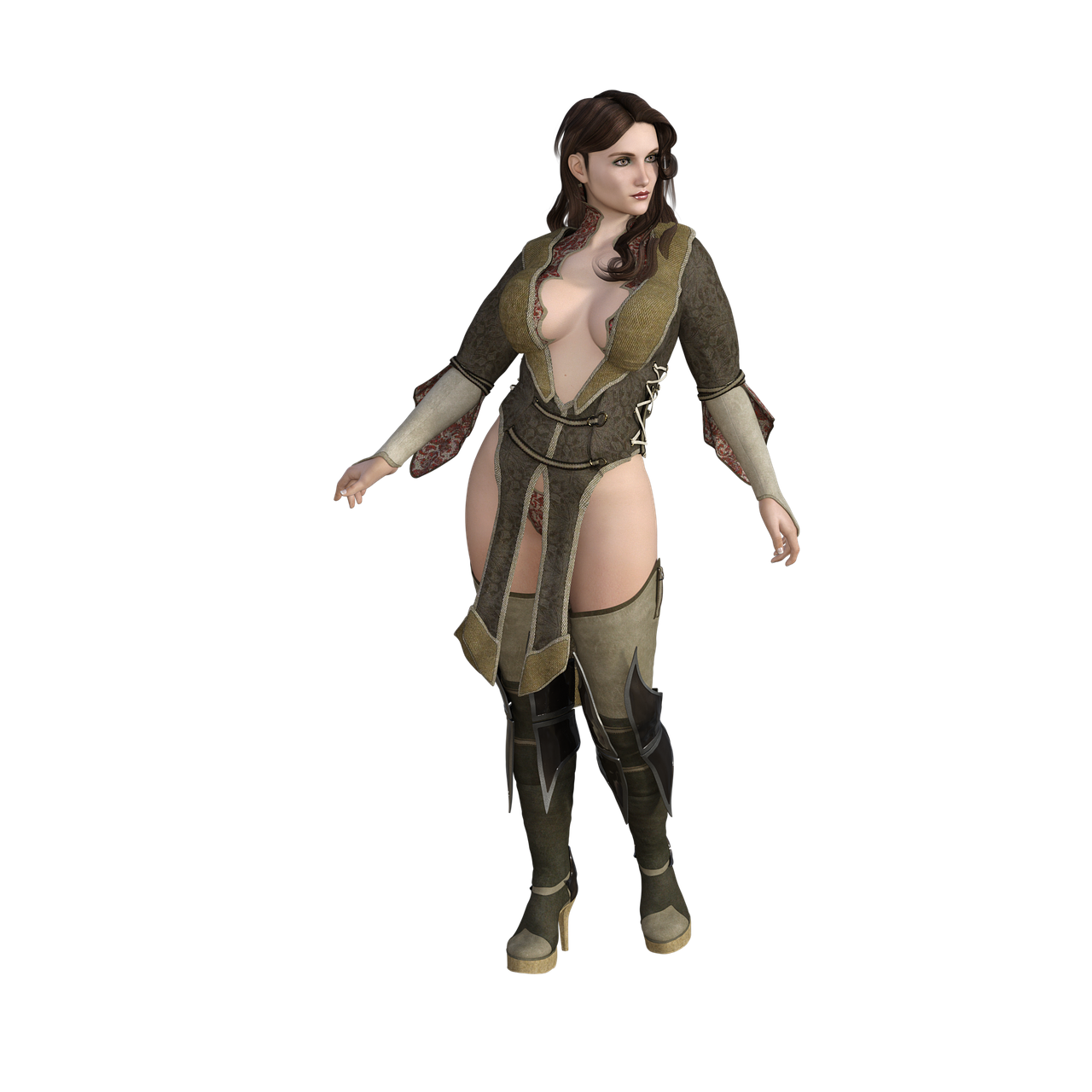a digital art image featuring a fantasy woman in a warriorstyle outfit. she has brown hair and is wearing a revealing brown and beige medievalinspired outfit with intricate designs, including thighhigh boots with armor accents. the clothing has a deep vneck revealing cleavage. the character is standing against a black background.