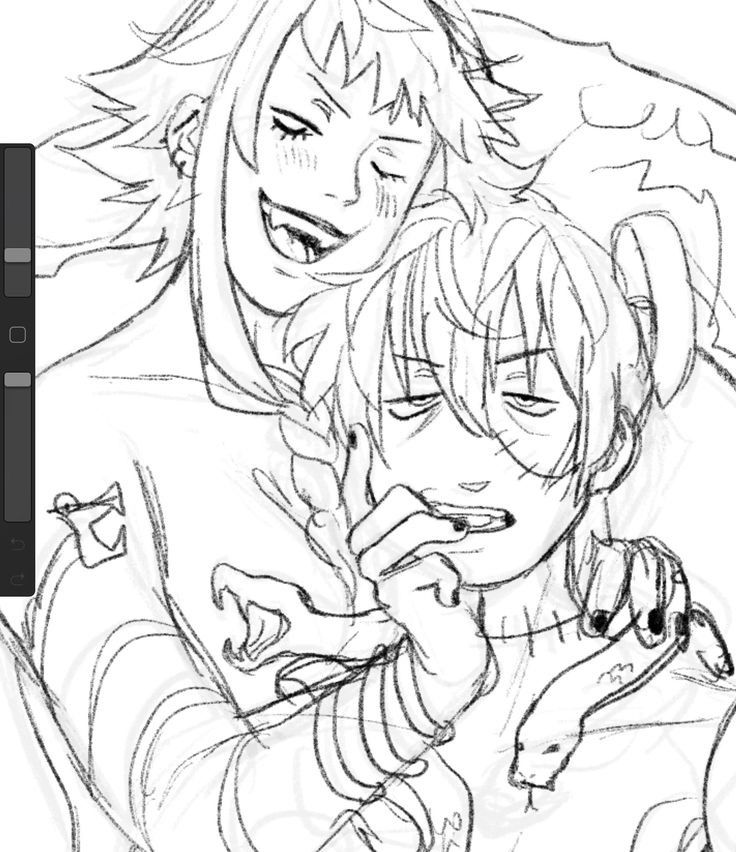the image is a digital sketch or work in progress (wip) depicting two animestyle young men in a close embrace.  the style is reminiscent of manga or fanart, with expressive linework and shading. one character has longer, messier hair, and the other has shorter hair. the characters appear relaxed and affectionate, with slightly mischievous or amused expressions.  stylized snakes are subtly incorporated into the imagery around their clothing. the sketch shows attention to detail in the characters' facial features and hair. the overall mood is intimate and tender.  it's likely created using digital art software like procreate or clip studio paint, judging by the style and some visible tool markings.