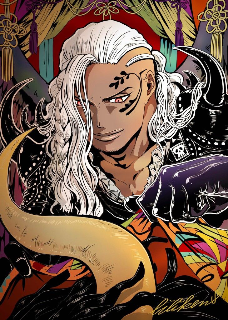 the image is a stylized digital illustration or artwork of a male anime/manga character. he has long, braided white hair, dark skin, and intricate facial tattoos. he is dressed in colorful, ornate clothing with punk rock elements, including a leather jacket featuring a skull motif.  the character's pose is powerful and his expression is intense. the background features traditional japaneseinspired patterns and imagery, creating a blend of styles. the overall aesthetic is vibrant and dramatic. the artwork is highly detailed and has a graphic novel or comic book style.  the style is reminiscent of one piece artwork but not definitively confirmed as such.