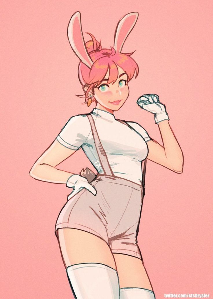 this is a drawing of an anime girl with pink bunny ears and a white shirt and overalls. she has pink hair and is smiling. she is wearing white gloves and thighhighs.