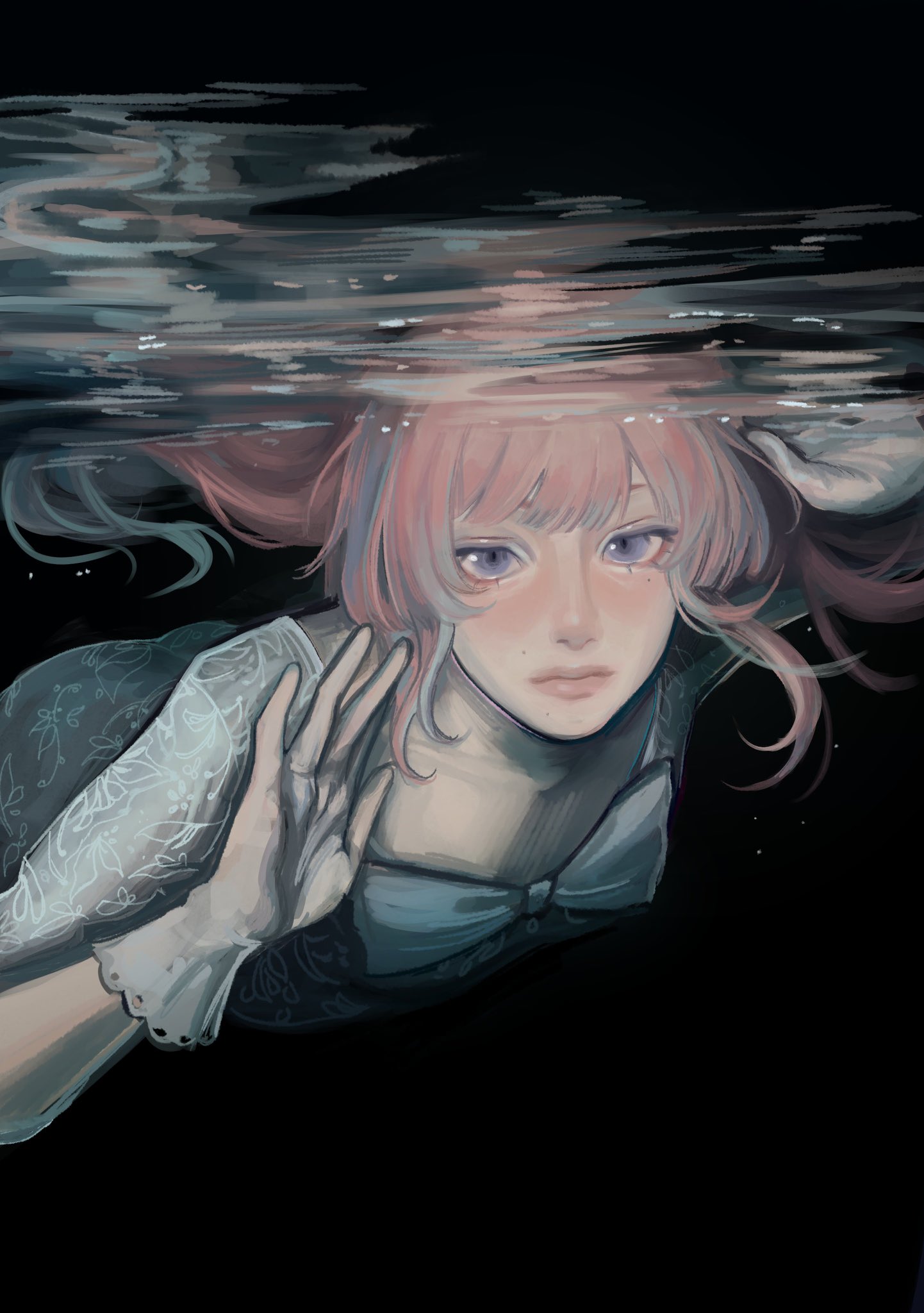 this is a digital painting of an anime girl in a lace dress underwater. she has long pink hair and blue eyes. she appears to be sad or contemplative. the water is dark and murky. the girl is surrounded by a mysterious and dreamy atmosphere.
