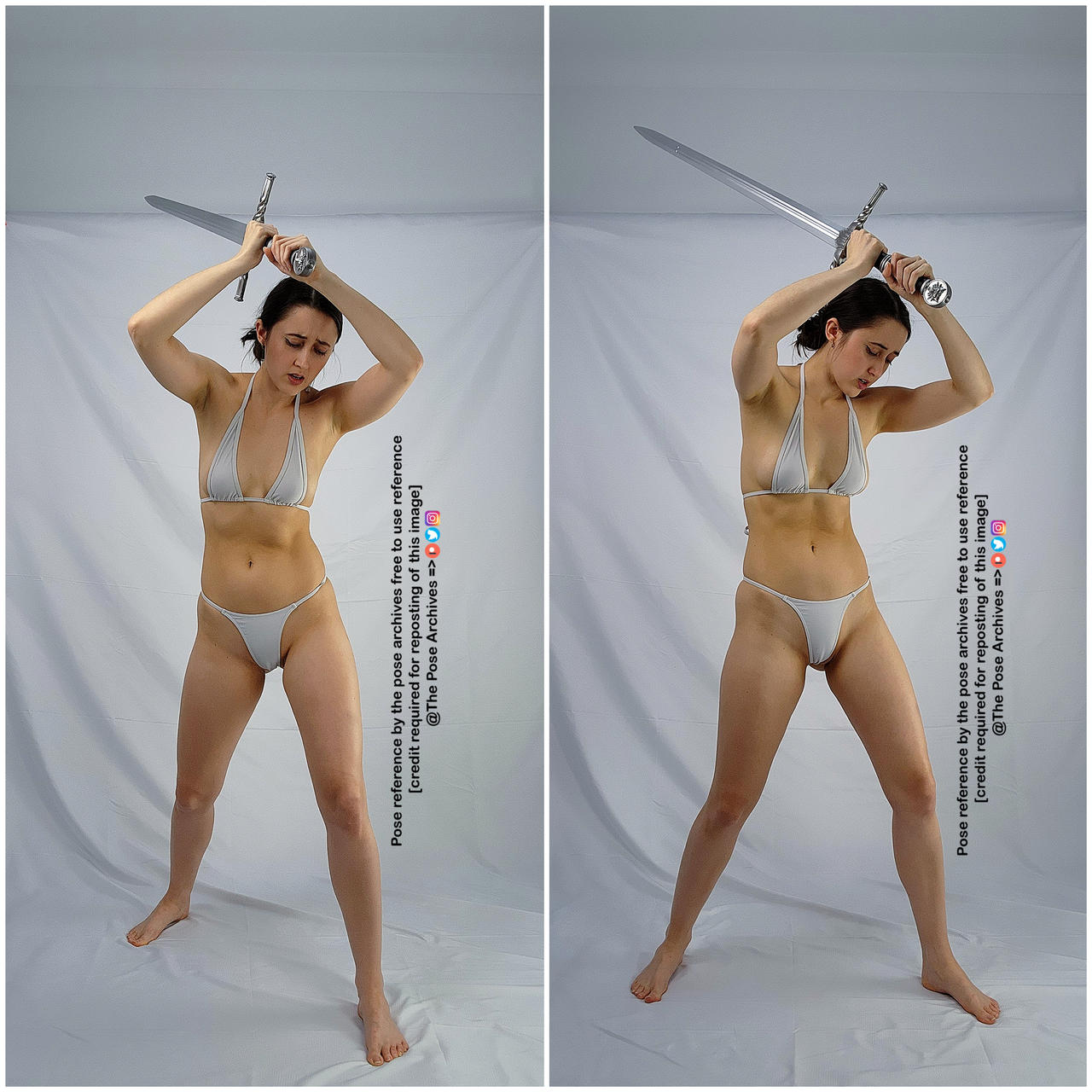 a woman in a white bikini is shown in two slightly different poses, wielding a sword above her head as if to strike.  she has a determined expression on her face. the images appear to be for use as pose references for artists, with a watermark indicating credit is required if reposted.  the background is a plain white studio backdrop.