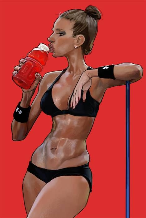 a cartoon illustration of a fit woman in athletic wear drinking a red sports drink, with a blue pole beside her against a red background. she is wearing a black sports bra, black shorts, and black sweatbands with an under armour logo. her hair is tied up in a bun.