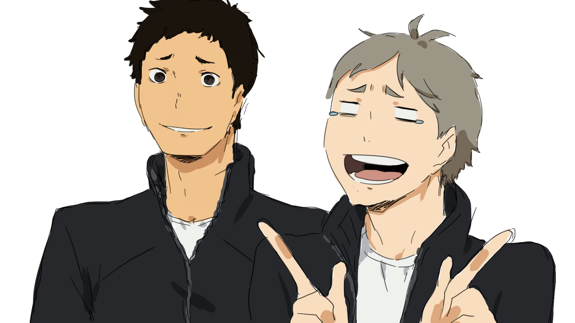 this is a fanart drawing of two characters from the anime haikyuu!!, sugawara koushi and sawamura daichi. the style of the drawing appears to be a quick sketch, with line art and flat coloring. they are positioned in front of a plain white background. both characters are wearing black athletic jackets, and are shown making a peace sign with both of their hands.  sugawara is smiling and crying slightly from laughter, while daichi has a more neutral expression.