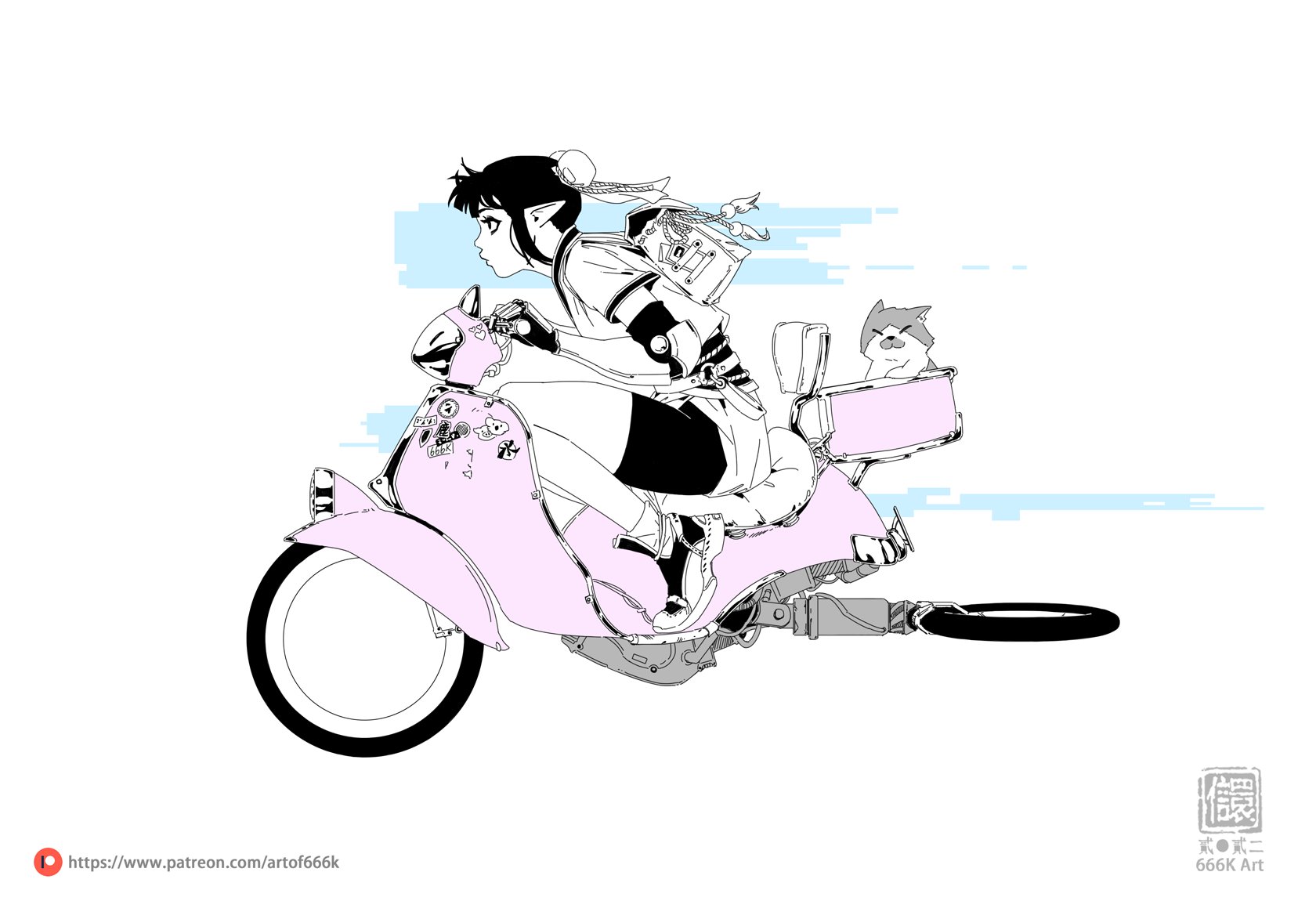 the image is a digital illustration in a style reminiscent of anime and manga. it depicts a young girl with elflike ears, riding a light pink scooter.  the girl has short dark hair and is dressed in a shortsleeved shirt and shorts. she wears a backpack and has various accessories. a small cat sits in a carrier attached to the back of the scooter. the scooter is decorated with stickers. the artwork uses a combination of bold black lines and a pale pink for the scooter, creating a contrast. a light blue motion blur effect suggests speed. the artist's signature "666k art" is included, along with a patreon link.  the overall style is dynamic and stylized, with a focus on clean lines and a slightly whimsical aesthetic.