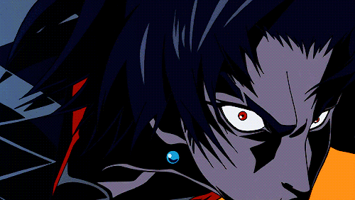 a closeup illustration of an anime character's face. the character has dark hair, intense red eyes, and a sharp, angular face. the style is dark and edgy, with a strong emphasis on contrast and graphic lines. the character appears to be in a state of anger or aggression. the overall style is reminiscent of cyberpunk or futuristic anime.