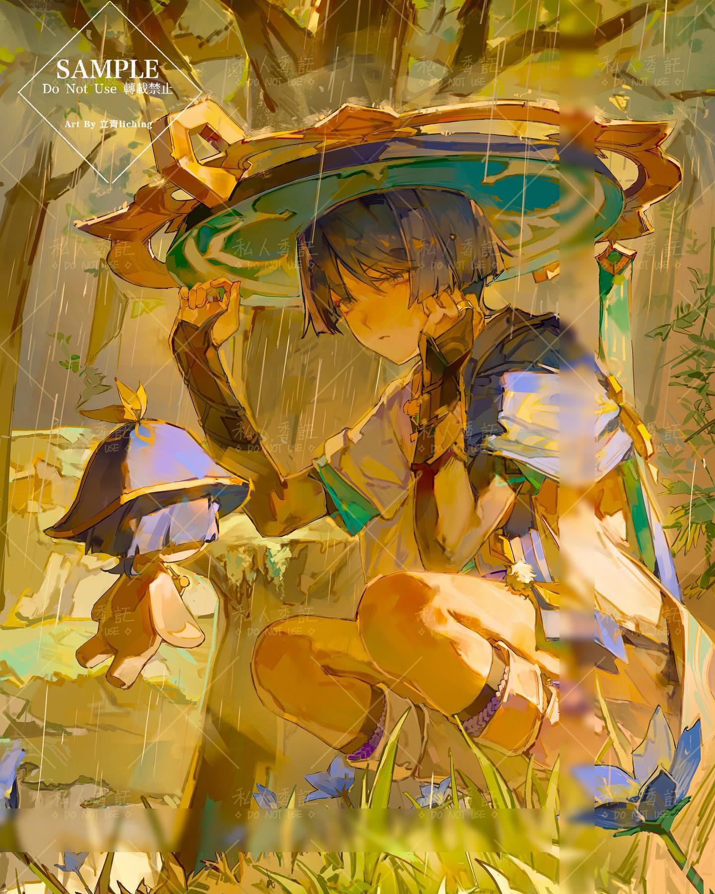 the image is a digital painting of an animestyle girl crouching under a large, ornate umbrella in a forest during a rain shower. the girl has short, blue hair, and is wearing a yellow and gold outfit. she is holding a small, mushroomlike creature. the style is whimsical and ethereal, with a soft color palette and painterly brushstrokes. the artwork is labeled as a sample and bears the artist's signature "art by zhicheng".