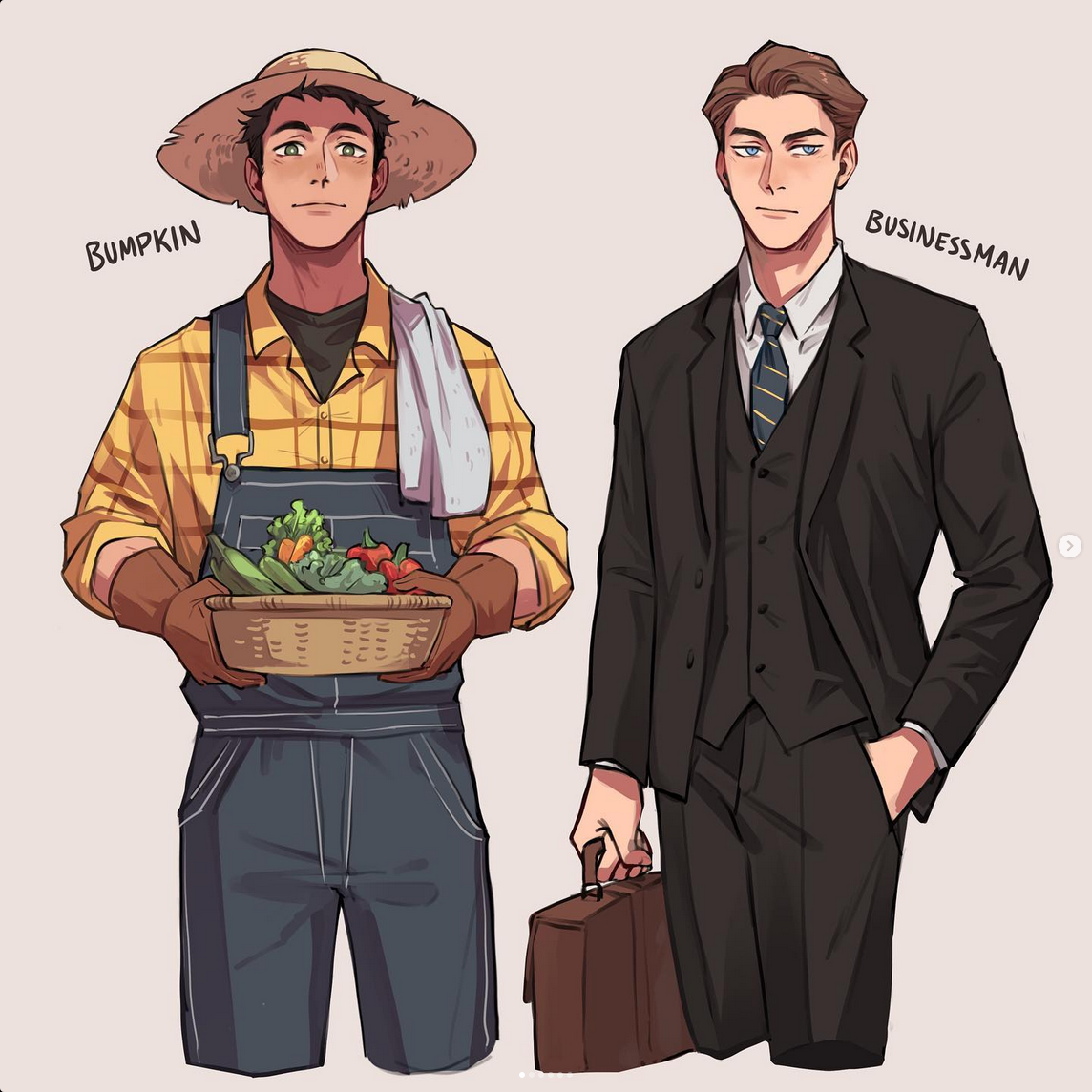 a digital illustration shows two men standing side by side against a light gray background. on the left, labeled "bumpkin," is a man with tan skin and brown hair wearing a straw hat, yellow overalls over a striped shirt, and brown work gloves. he smiles at the viewer while holding out a basket woven from light brown material overflowing with vegetables, including green zucchini, leafy greens, orange carrots, and red tomatoes. on the right, labeled "businessman," is a man with light skin and brown hair wearing a black threepiece business suit with a dark blue tie and a white dress shirt. he holds a brown briefcase in his left hand and looks at the viewer with a neutral expression.