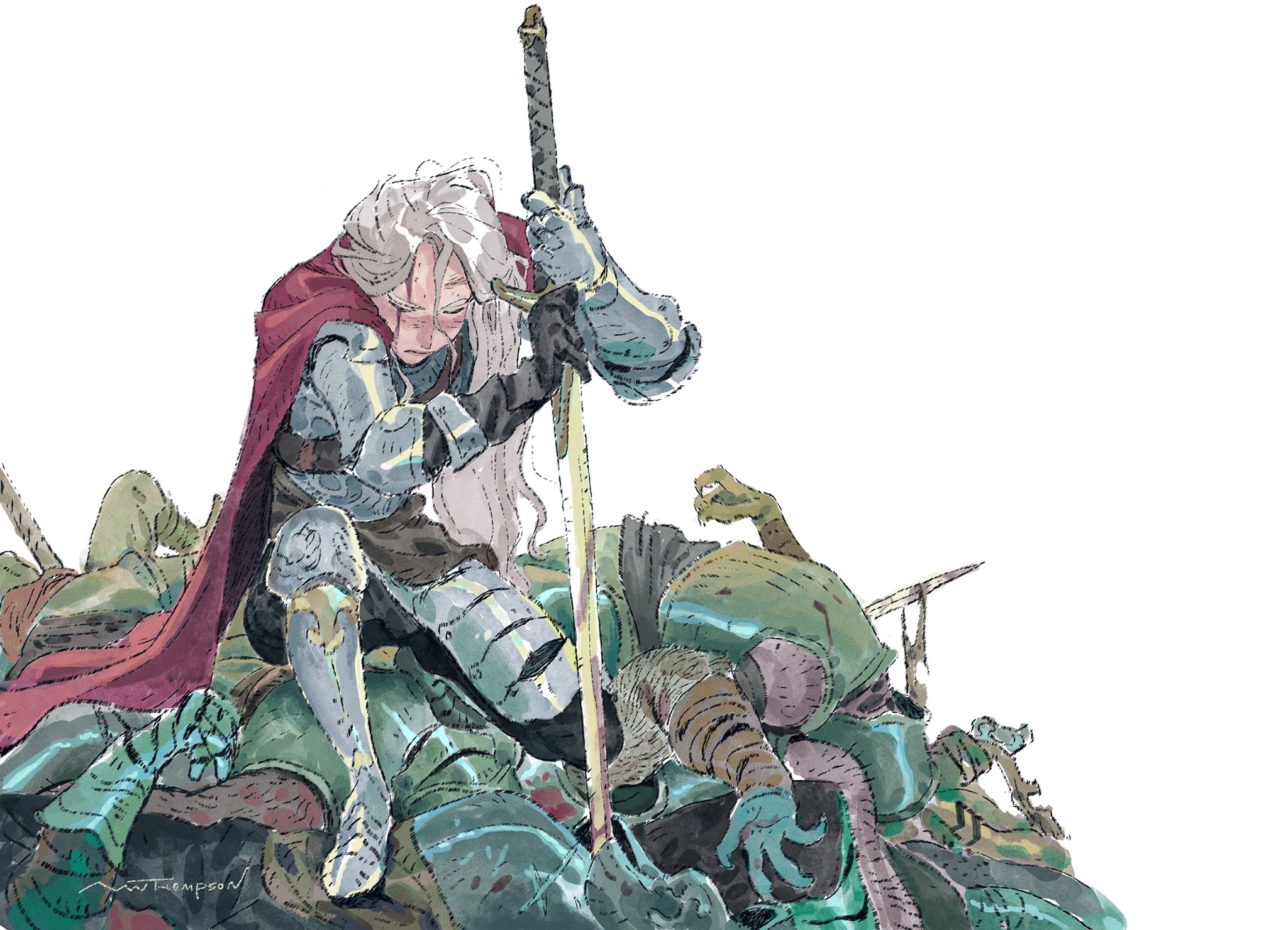 a woman wearing armor and a red cloak is depicted holding a sword as she stands over the bodies of fallen warriors. her expression is stoic as she gazes upon the scene. the image is drawn in a watercolor style and has an anime/manga aesthetic.