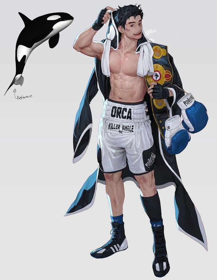 a boxer stands in his boxing gear, ready to fight. he has an orca on his boxing shorts and a championship belt. he is wearing blue boxing gloves. he has  black hair with a black robe on with a towel around his neck. he looks confident and ready to fight.