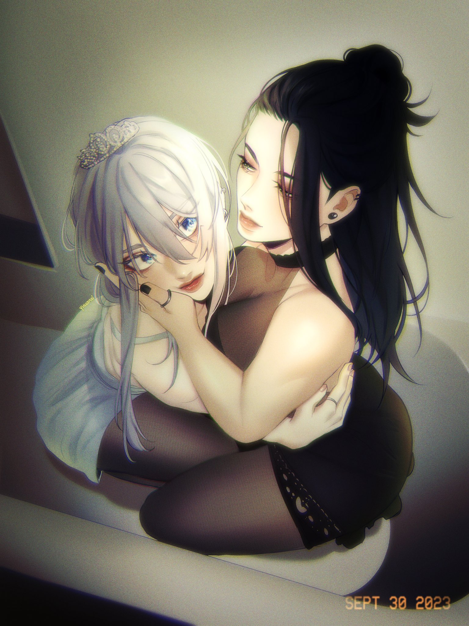 the image depicts two anime girls in a close embrace. the girl on the bottom is wearing a white dress and has long, white hair with a tiara. her eyes are blue, and she has a soft smile. the girl on the top is wearing a black dress and has long, black hair. she has dark eyes and a more serious expression. the two girls are looking at each other lovingly, and the image suggests a romantic connection between them.