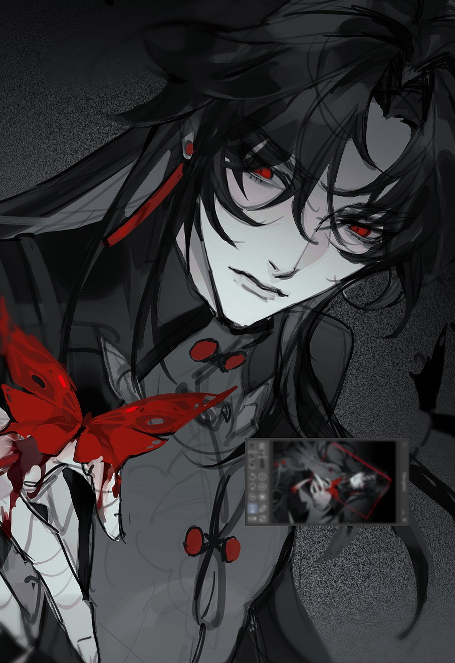 a closeup portrait of an anime man. he has black hair, red eyes, and wears black and red clothing. he has a red butterfly in his hand. the image is drawn in black and white with red accents. there's a drawing tablet and a sketch of the man on the screen.