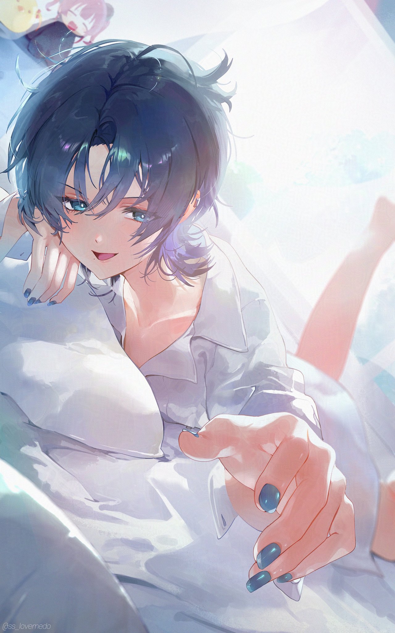 the image is a digital painting or illustration of a young animestyle boy with short, blue hair and blue nail polish. he's lying in bed, partially covered by a white shirt. he has a gentle, almost dreamy expression, and his hand is extended towards the viewer as if reaching out. the art style is soft and dreamy, with pastel colors and soft lighting, creating a romantic and intimate atmosphere. the focus is on the boy's face and hand, with the background softly blurred. the overall style suggests a scene of quiet intimacy and calm.