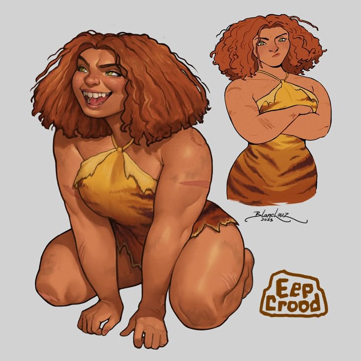 the image contains fanart of eep from the croods. she is depicted twice: once crouching with a wide smile, and again standing with her arms crossed and a more serious expression. she wears a yellow dress with a halter top and a tiger stripe pattern around the bottom. eep has red, curly hair, green eyes, freckles, and a muscular build. the artwork is signed by blanclauz 2023. a logo reads "eep crood" in a stonelike frame in the corner of the image.
