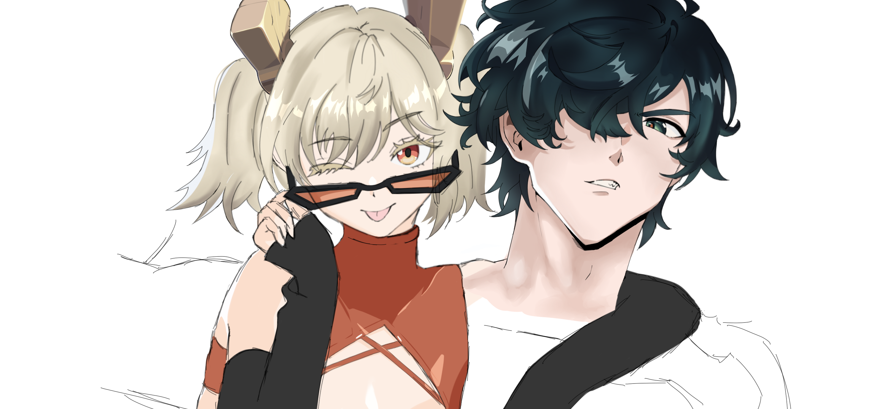 he image is a digital drawing or painting of an animestyle couple. the girl has blonde hair in pigtails, is wearing sunglasses, and is winking playfully.  she's dressed in a reddishorange sleeveless top and dark arm warmers. the boy has dark teal hair and is looking somewhat stoic, with his gaze slightly averted.  he appears to be wearing a white hoodie.  the style is a mix of clean lines and soft shading. the art appears to be a work in progress, as some areas, particularly on the boy's clothing, are unfinished and more sketchy. the overall impression is a cute and slightly mischievous couple portrait.