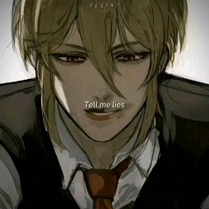 the image is a closeup digital drawing or painting in an anime/manga style depicting a young, handsome man with long, blond hair and intense red eyes. he is wearing a dark suit and tie, adding to his elegant and mysterious look.  his expression is a subtle smirk, suggesting a complex personality. the words "tell me lies" are overlaid on the image, hinting at a narrative or theme of deception. the overall aesthetic is dark, moody, and captivating, drawing attention to the character's expressive eyes and subtle smile. the style evokes graphic novels or webtoons.
