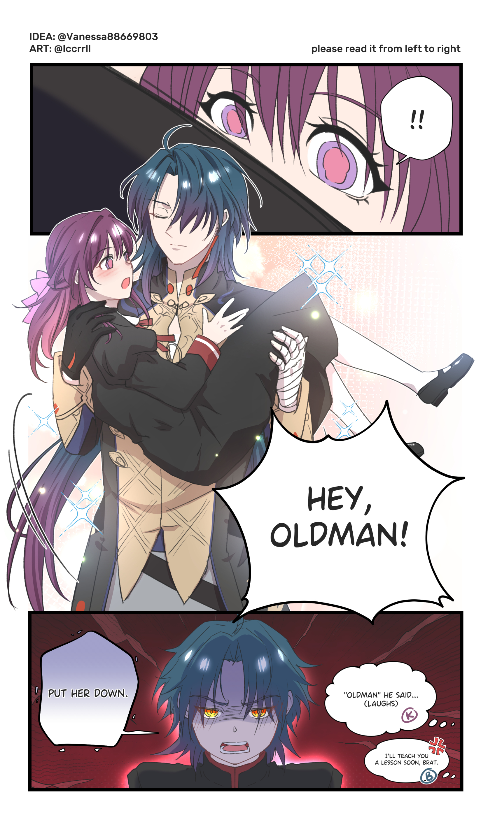 the image is a comic panel from a manga series.  it features four characters, three of them are visible.  one is a man with short, light blue hair holding a young woman in his arms, both wearing darkcolored clothes. the woman is looking towards the left side of the panel, while the man is looking down at the woman. the woman appears to be struggling to get free from his grip.  the second character is a young man with dark blue hair, wearing a light tan vest and long black pants.  he is looking at the man holding the woman with a disgusted and angry expression. in the background, behind the man and woman, is a section of a woman's head and face, wearing a dark purple cloak.  she is angry, with her eyes wide open and her pupils contracted.  all three characters are facing left. the two men are saying something in a speech bubble, while the woman in the background is