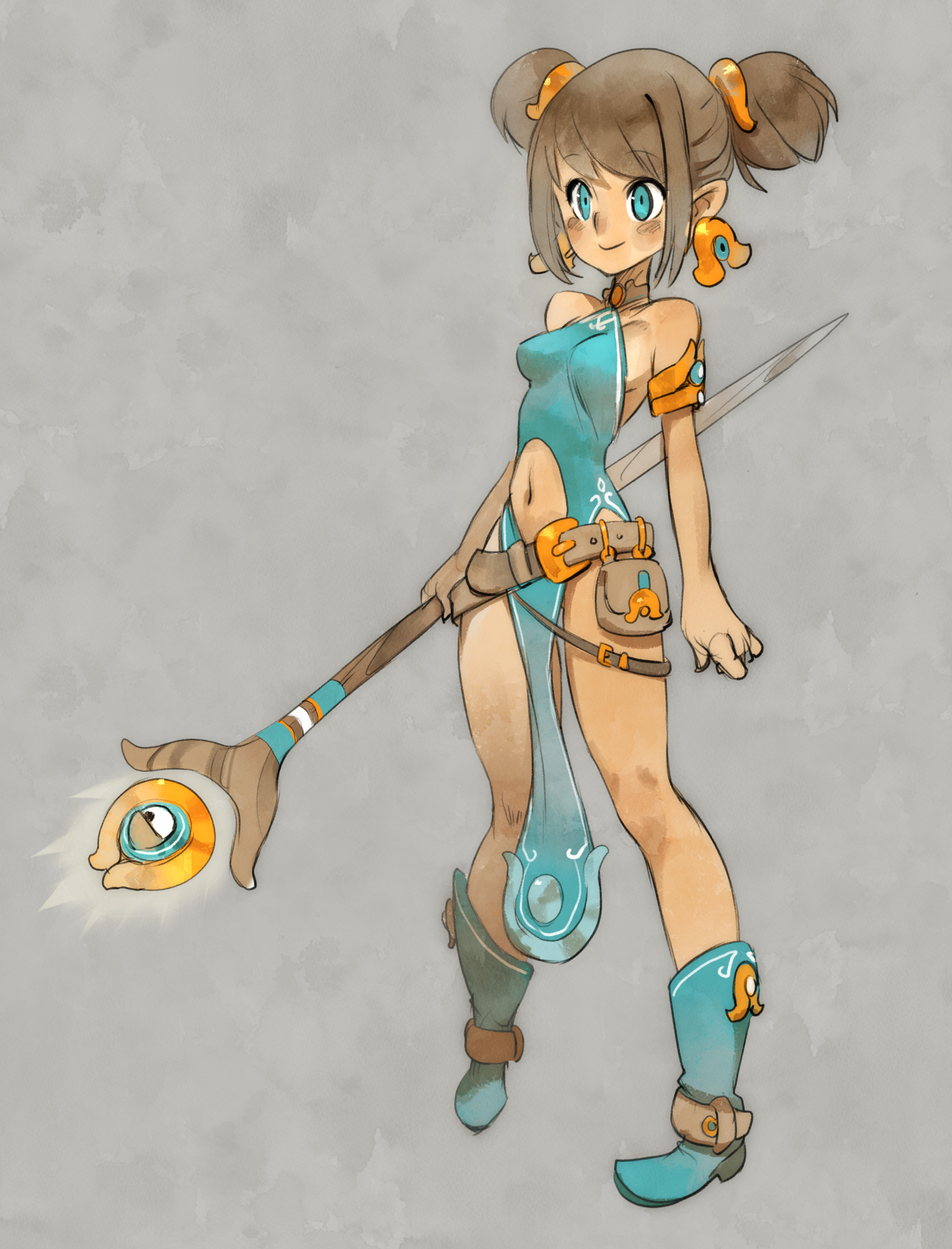 a digital illustration of an anime girl with brown hair and blue eyes. she is holding a staff that is glowing with light. she is wearing a blue and brown outfit and boots. she is standing on a light gray background.