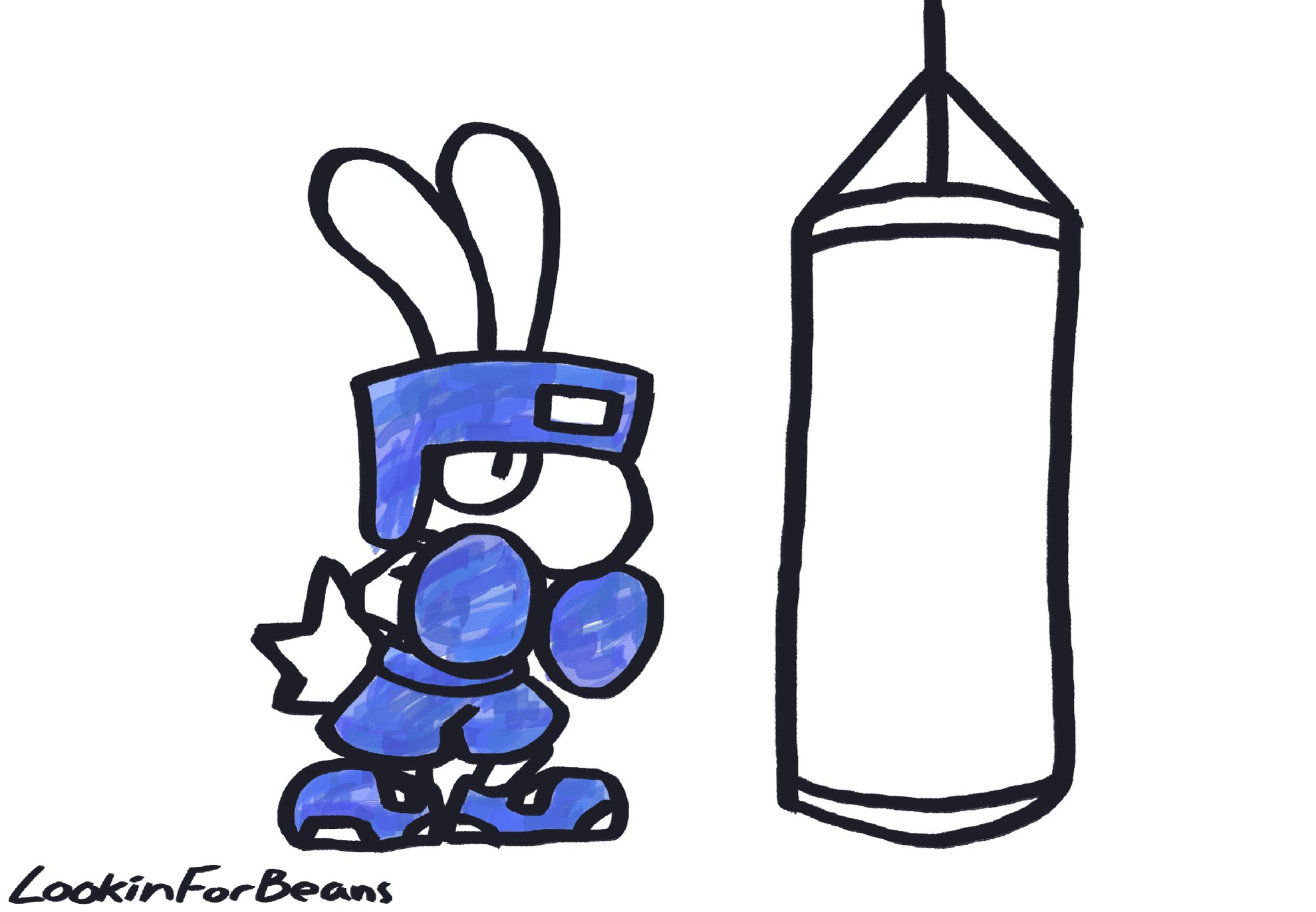 a cartoon bunny wearing blue boxing gloves, shoes, and headgear stands in profile beside a tall white punching bag. the bunny is drawn in a simple, rounded style with thick black outlines. the background is white. the illustration is signed "lookinforbeans" in the bottom left corner.