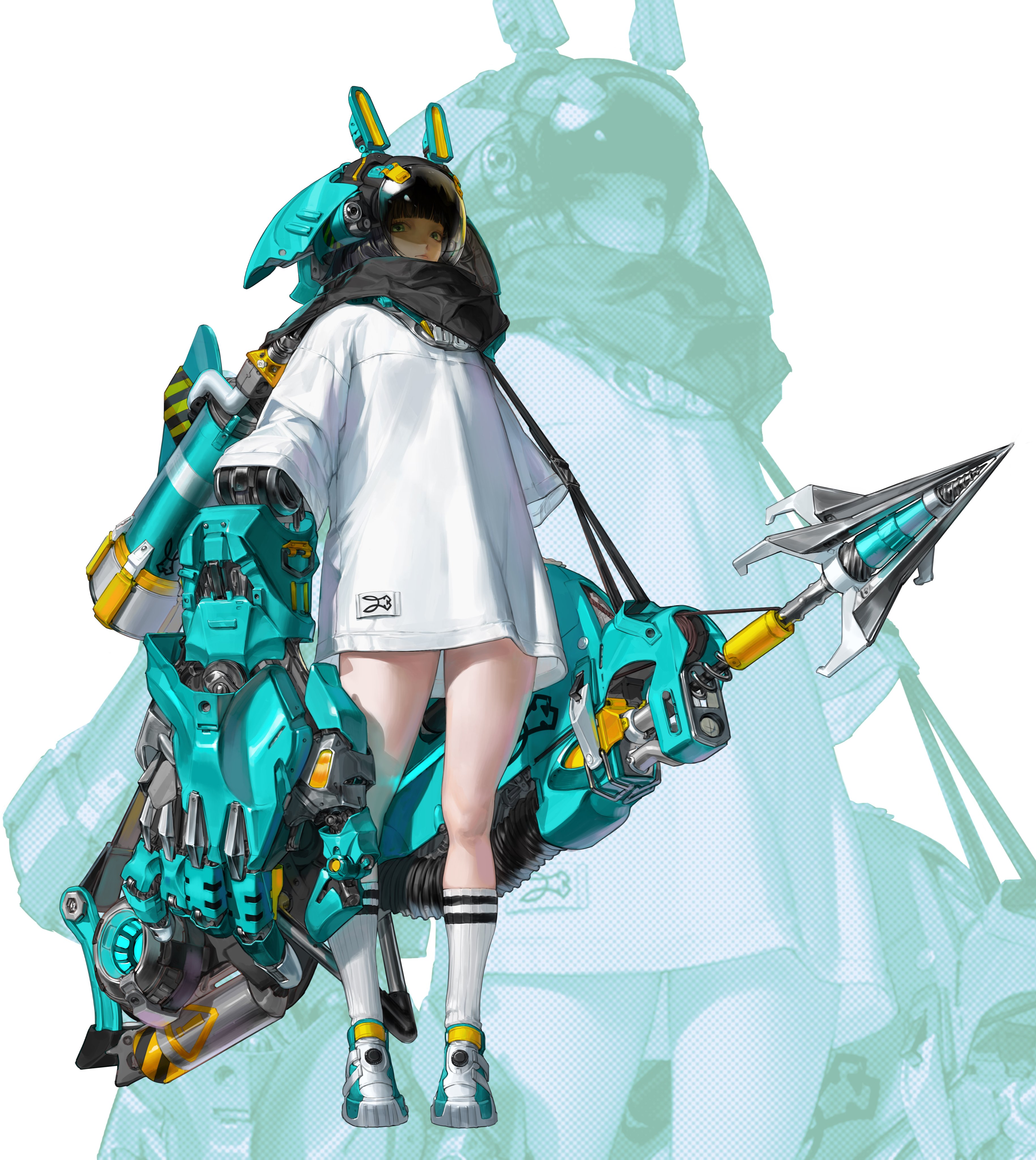illustration of a girl in an oversized white shirt, socks, and sneakers, wearing a futuristic helmet. she has a robot companion or device that includes an arrowlike weapon. the background features a faint, larger version of the girl. the style is animeinspired.