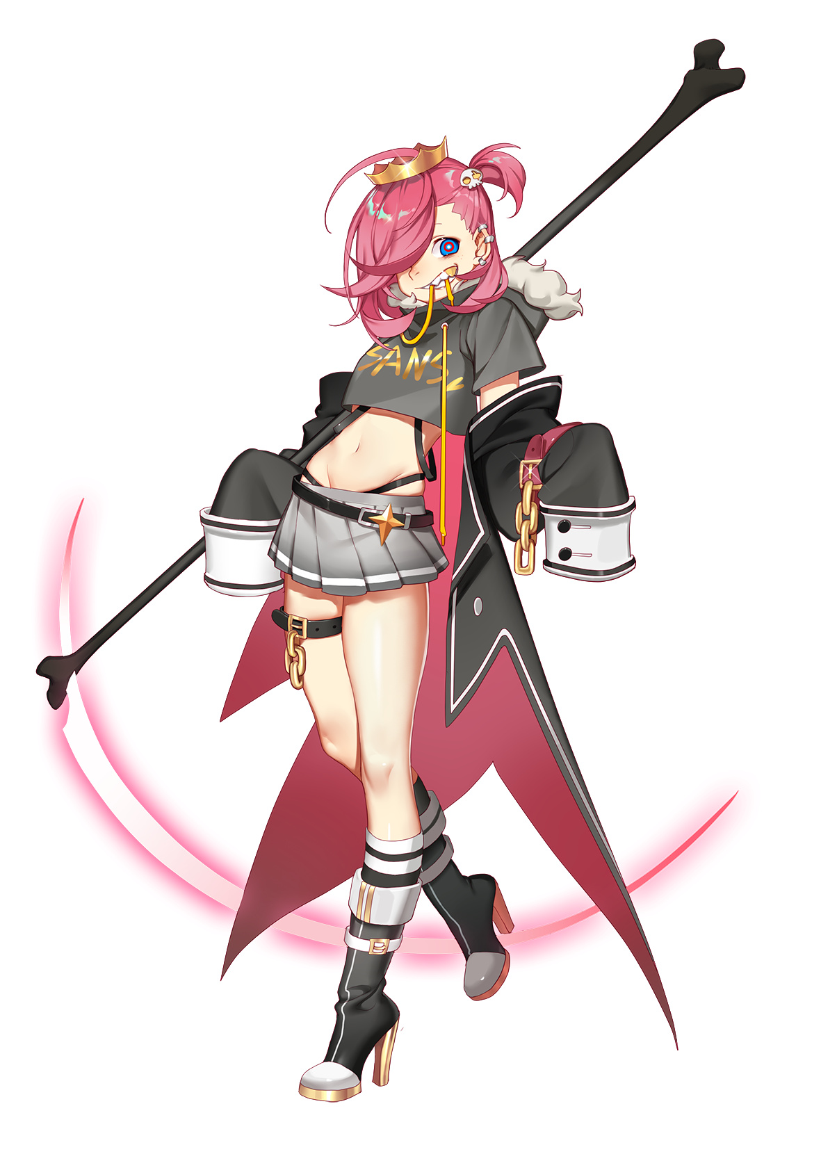 he image showcases a single anime girl, prominently positioned in the center. she's stylishly dressed in a streetwearinspired ensemble, complete with a black crop top, a short grey skirt, and thighhigh socks. a black jacket with red lining adds a touch of flair to her attire. her long, vibrant pink hair cascades down, partially held up by a golden crown. adding to her striking appearance are golden chains adorning her outfit and a long scythe she confidently wields. the background is a crisp white, directing all attention to the captivating subject.