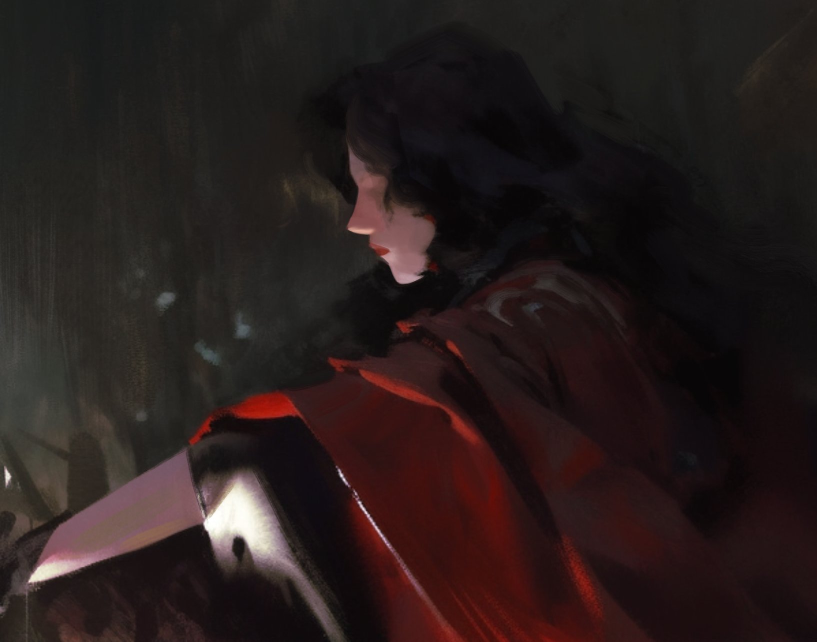 a painting of a woman with long dark hair, wearing a red cloak. the woman has mysterious eyes and is looking away. the background is dark.