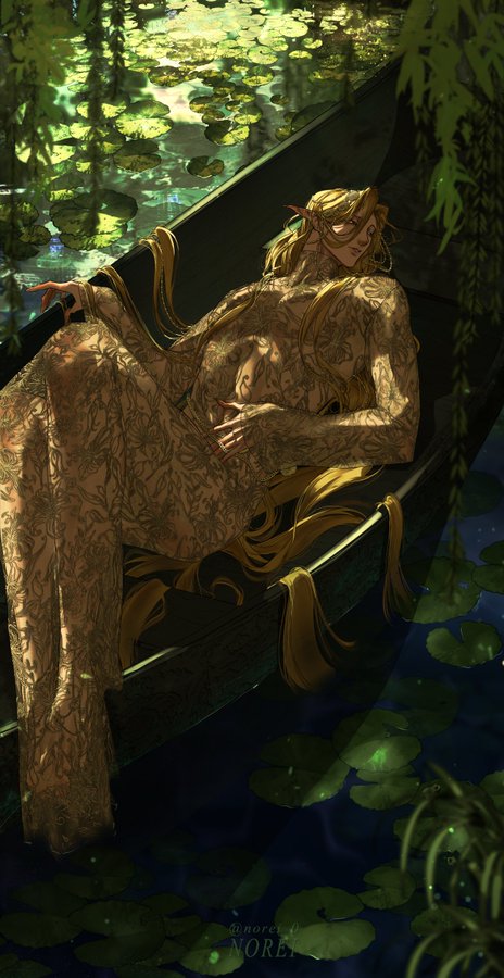 a male elf, with golden hair, lays asleep in a small boat. he wears a flowing gown with a floral pattern. he is in a pond, surrounded by lily pads. the boat floats on the dark water. there are trees and foliage surrounding the pond, with moonlight shining through the branches. the scene is mystical and serene.