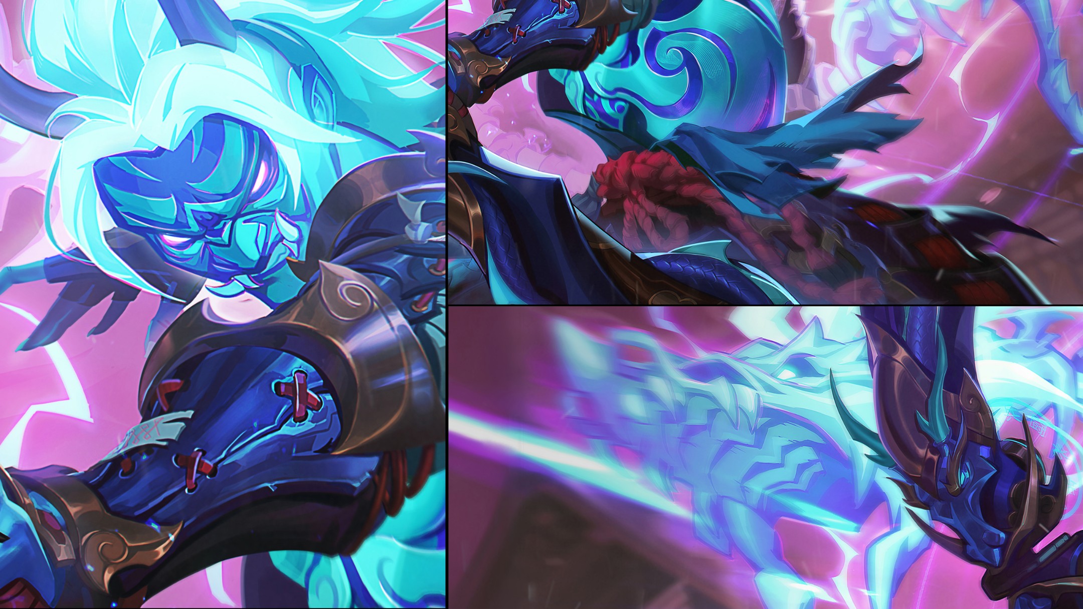 a fantasy illustration of a blue warrior with a demon mask. the warrior is surrounded by glowing light and energy. the background is a purple and blue gradient with a white dragon in the lower right corner. this image is likely from a video game.
