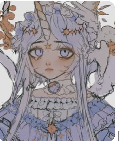 the image is a digital sketch of a young girl with unicorn features. she has large, expressive eyes with a hint of sadness. she wears a delicate, frilly dress adorned with stars and flowers. her hair, white with streaks of blue, is styled in an elaborate fashion with a prominent unicorn horn. the overall aesthetic is soft, ethereal, and slightly melancholic. the palette relies heavily on pastel blues, purples, and pinks, enhancing the dreamy quality of the piece.