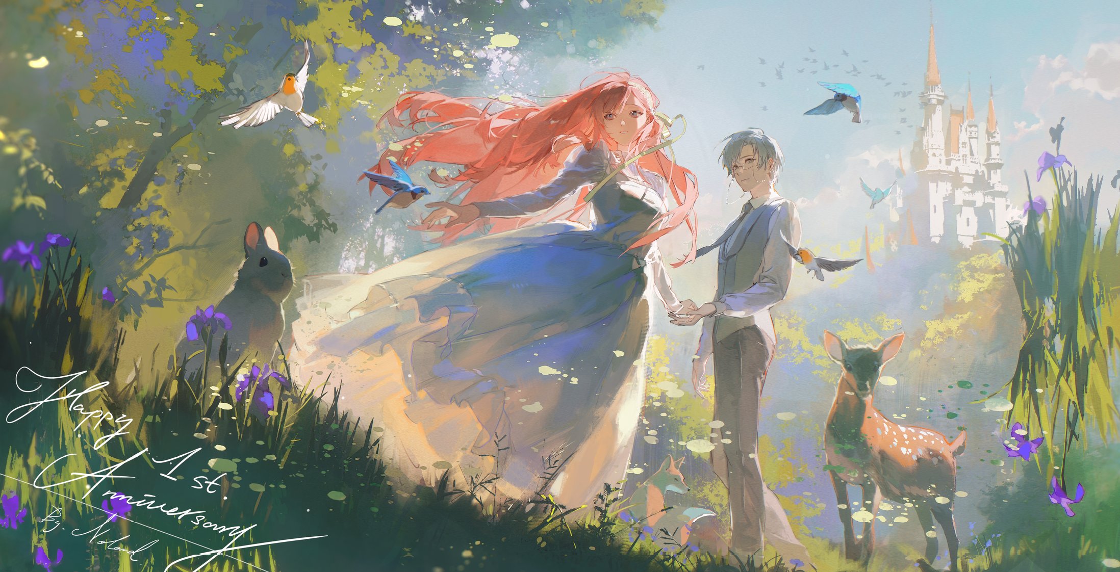 the image depicts a young couple celebrating their first anniversary in a dreamy forest clearing. the woman, with flowing pink hair, wears a flowing blue dress, while the man sports a dapper suit. they hold hands, their happiness radiating as bright as the soft sunlight filtering through the trees. lush greenery surrounds them, dotted with vibrant flowers. birds flit through the air, a rabbit peeks from behind the grass, and a curious fawn stands nearby. a majestic castle, seemingly plucked from a fairytale, rises in the distance, completing the enchanting scene.  a handwritten message "happy 1st anniversary" graces the bottom left corner, adding a personal touch to this heartwarming celebration of love.