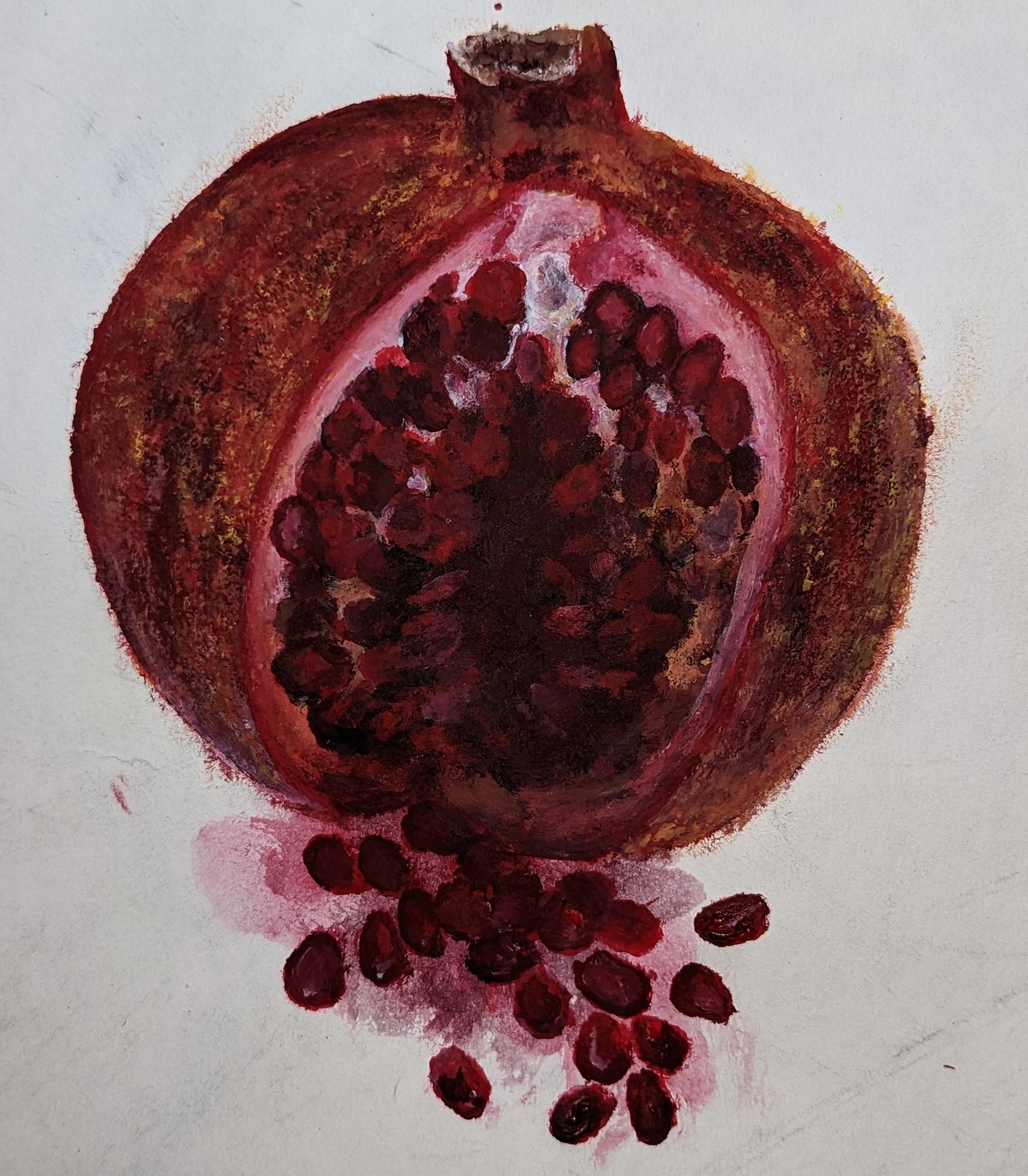 a painting of a pomegranate cut open, revealing its red seeds and juicy interior. the painting has a watercolor style, with loose brushstrokes and a vibrant color palette. the image is a still life of the fruit, highlighting its beauty and detail.
