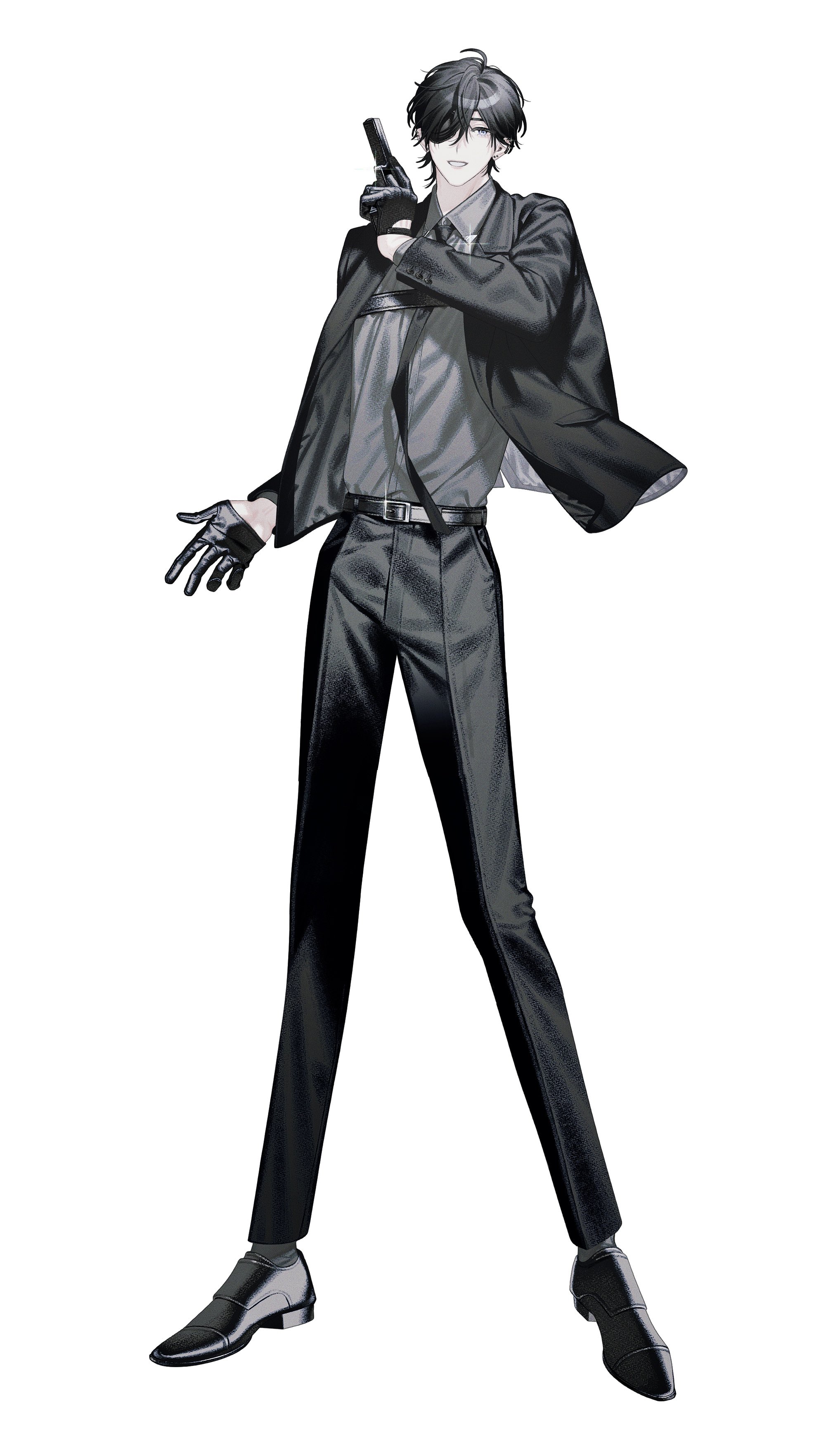he image showcases a stylized anime illustration of a man in a sharp black suit. he is holding a pistol and is depicted in a dynamic, almost actionready pose. the overall aesthetic is dark, sleek, and mysterious, suggesting a character archetype like a secret agent, spy, or detective. the artwork uses a predominantly grayscale color palette, enhancing the sophisticated and intense mood.  the detail in the clothing and posture is highly refined, suggesting the piece is from a professional artist or designer.