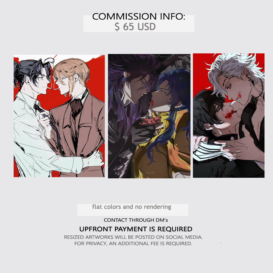 the image is a commission advertisement. it showcases three different character illustrations. all characters are