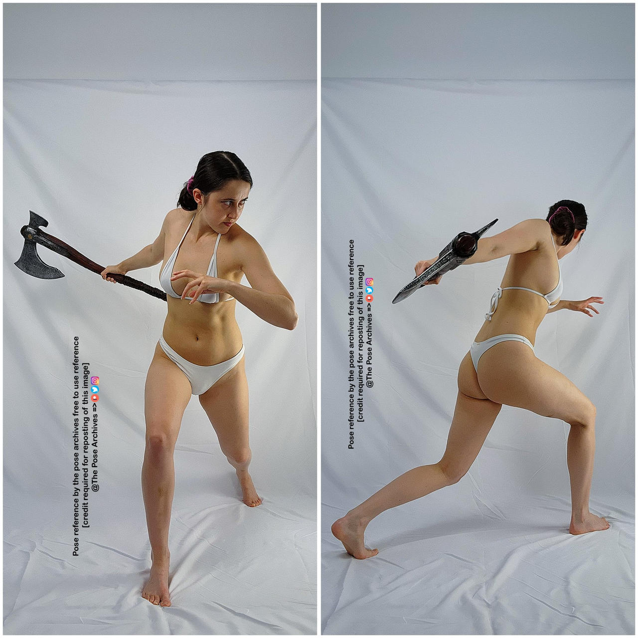 the image shows a woman in a white bikini, wielding a large axe. she is positioned against a white background, striking a dynamic pose. the lighting is soft and the perspective is at eye level. the overall impression is of a strong, fierce female warrior.