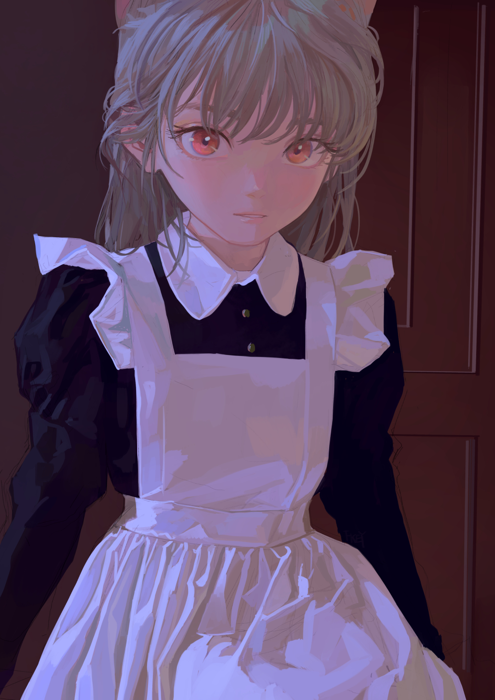 the image is a digital anime art of a girl with reddish eyes wearing a maid outfit. the outfit consists of a white apron over a black dress. she has light green hair and cat ears. the background is dark, with a door visible on the right side of the image.