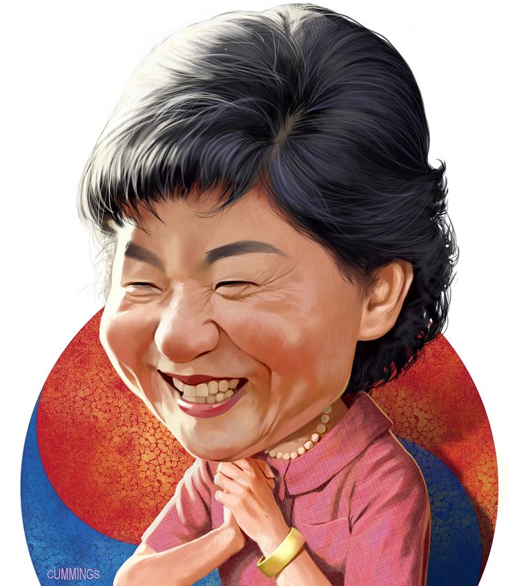 a caricature of park geunhye, the former president of south korea, is shown. she is smiling with her eyes closed and her hands clasped together. she is wearing a pink shirt, a pearl necklace, and a gold bracelet. the background features a stylized depiction of the south korean flag. the artist's signature, "cummings," is visible in the lower left corner.
