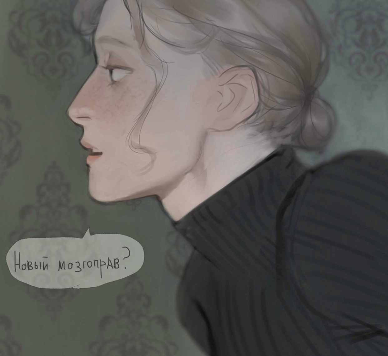 a digital drawing of a man with blonde hair and freckles shown from his left side, his head turned slightly towards the viewer. he is wearing a black turtleneck sweater. there is a green thought bubble to the left of his face with the russian text "новый мозгоправ?" (translation: "new brainruler?"). the background is a muted green damask pattern.