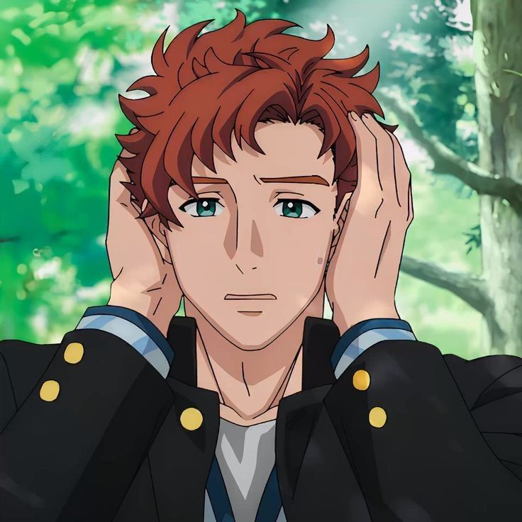 the image depicts a young anime boy with red hair, wearing a black jacket with gold buttons and a white shirt with blue stripes underneath, looking sad and distressed while covering his ears with his hands. the boy is standing outdoors with a green background of trees and foliage.