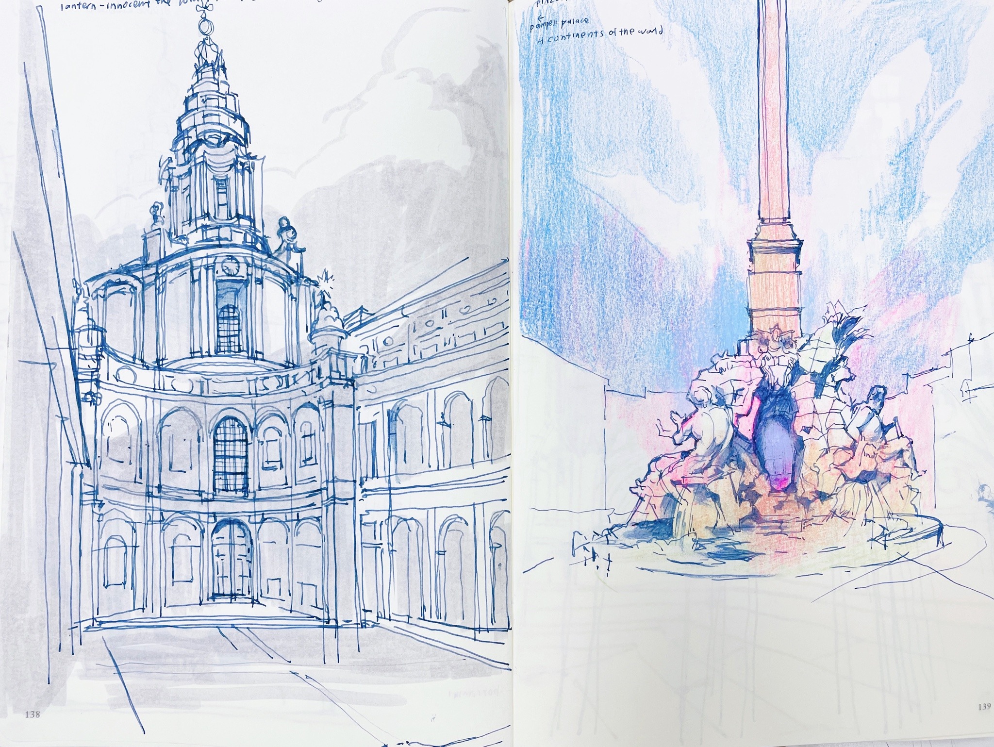 this is a sketchbook spread featuring two architectural sketches in blue ink and colored pencil. the left page depicts the facade of a grand building, possibly a church, characterized by its ornate details and symmetry. the right page showcases a dynamic fountain with a central column surrounded by sculpted figures. the colored pencils add a subtle vibrancy to both sketches, hinting at the warmth of the sunlight and the colors of the environment.