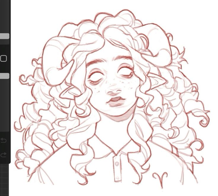 this is a sketch of a person with ram horns and curly hair. the sketch is drawn in a single color and appears unfinished. the person is looking directly at the viewer. there is a small symbol of the aries zodiac sign on their shirt collar.