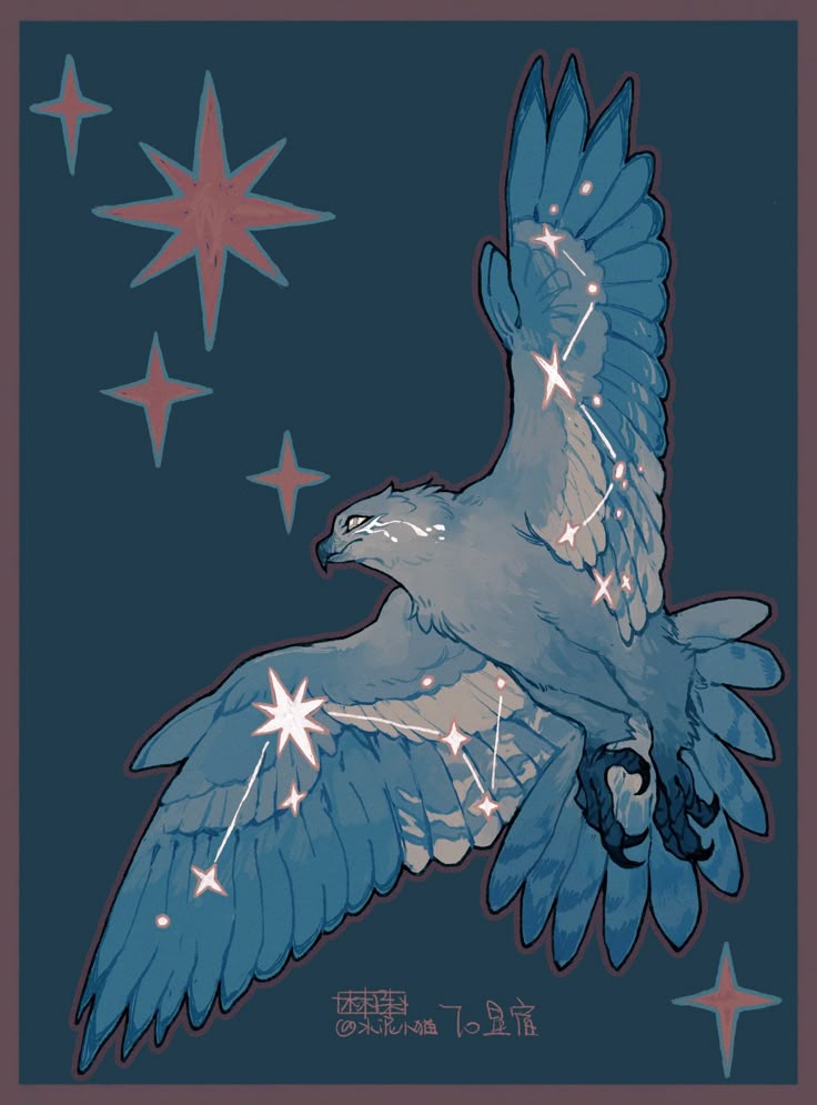 an illustration of a blue eagle with constellations on its wings, flying in a night sky with red stars. the style is digital art.