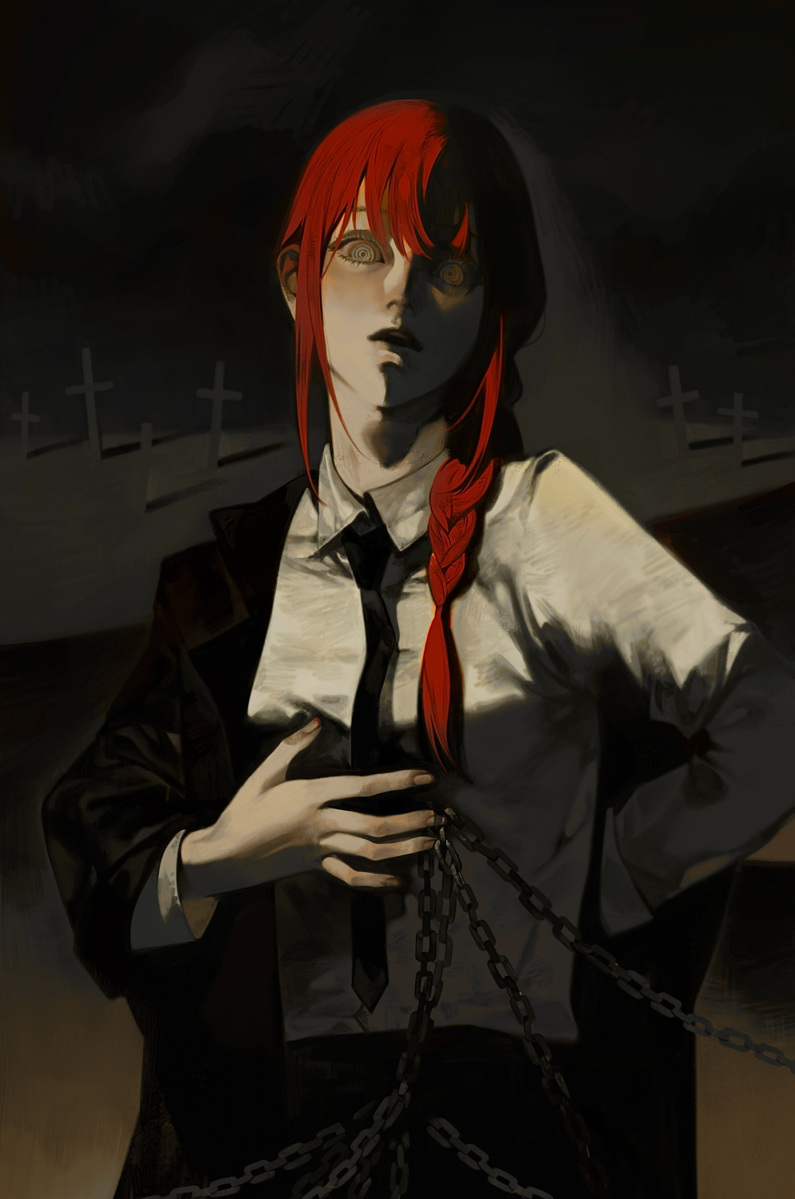 a woman with long red hair, wearing a suit and tie, stands in a dark cemetery. she is surrounded by chains, and her expression is somber and eerie. the background is dark and shadowy, with crosses visible in the distance. the image has a gothic and creepy atmosphere.