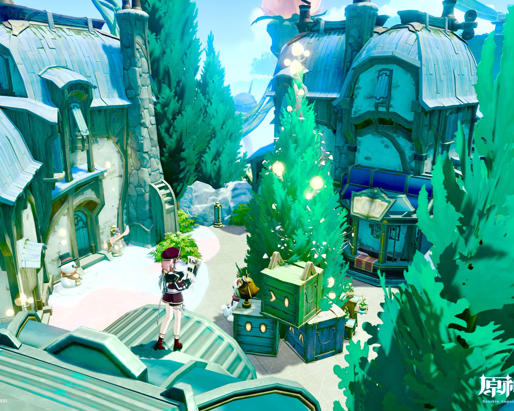 this is an ingame screenshot from genshin impact, depicting a charming winter village scene. pastel teal and green color palettes dominate the image, creating a whimsical and magical atmosphere.  there are several quaint, stylized houses and buildings, a decorated christmas tree, and several characters, including a female character in a redandblack outfit standing on a rooftop.  the scene is lightly snowy, with snowmen and other festive decorations present.  crates are stacked up in the square. the overall aesthetic is reminiscent of anime and fantasy settings.  the image is lively and cheerful, suggesting a festive event or quest within the game's world.